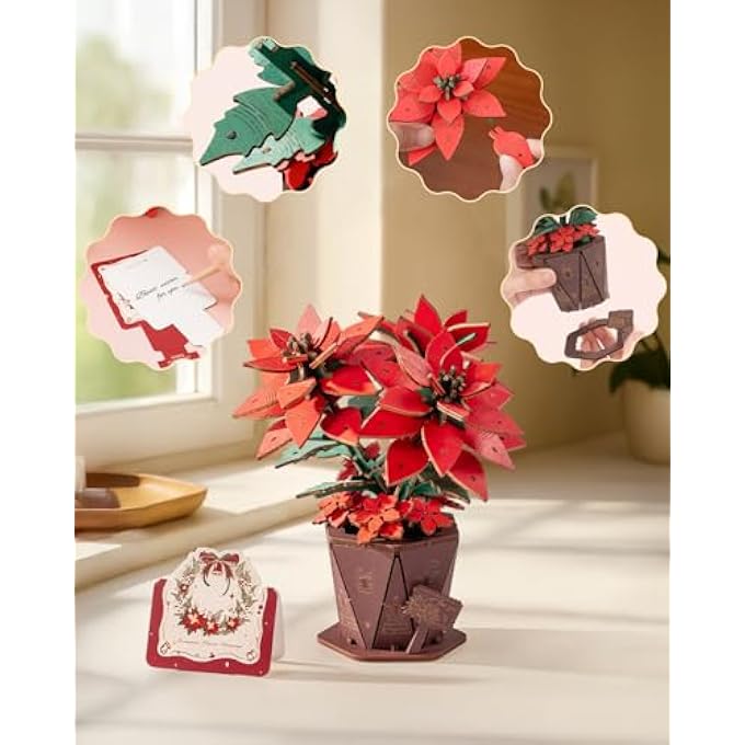 3D WOODEN PUZZLE RED POINSETTIA ARTIFICIAL FLOWER MODEL KIT HOME ACCESSORIES CRAFT KIT FOR ADULTS - Image 2